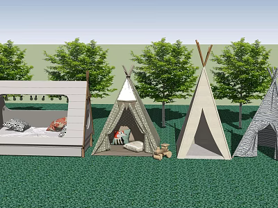 Various Style Tents On Green Grass With Trees And Cozy Cushions 3d model
