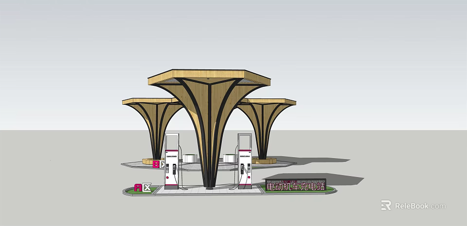Modern Umbrella shaped Pergola Structure with EV Charging Stations and Support Columns 3d model
