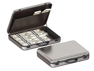 Open And Closed Metallic Suitcase Filled With Stacked US Dollar Bills 3d model