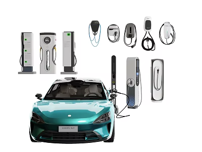 Public EV Charging Facilities With Multiple Stations Ports Cables And Connected Vehicle 3d model