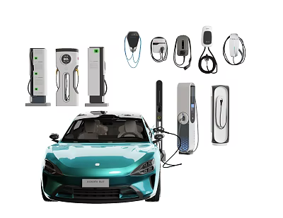 Public EV Charging Facilities With Multiple Stations Ports Cables And Connected Vehicle 3d model