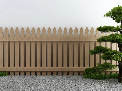 Wooden Garden Fence With Pointed Top Design Near Pine Tree And Gravel Ground 3d model