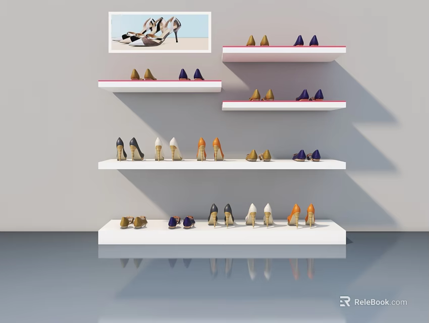 Modern Hinged Door Shoe Storage Cabinet With Colorful Shoes On Shelves 3d model 