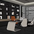 Modern Office Interior With Bookshelves Desk Laptop Chairs And Window Blinds