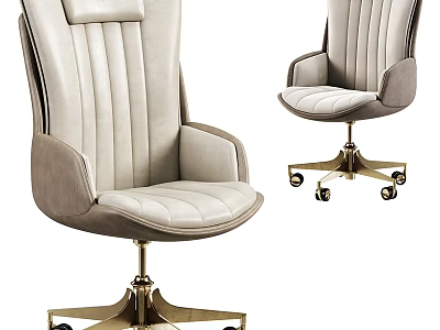 Light Gray Leather Office Chair With Ergonomic Back Swivel Gold Wheels And Modern Luxury Design 3d model