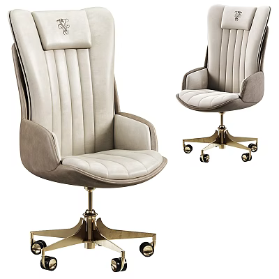 Light Gray Leather Office Chair With Ergonomic Back Swivel Gold Wheels And Modern Luxury Design 3d model