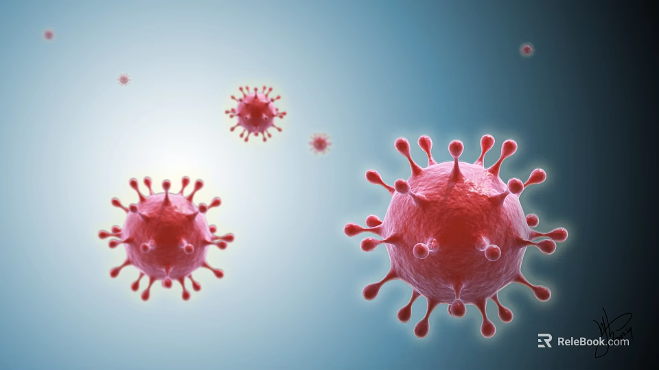 Red Virus Particles With Spiky Structure On Blue Background Microscopic View 3d model