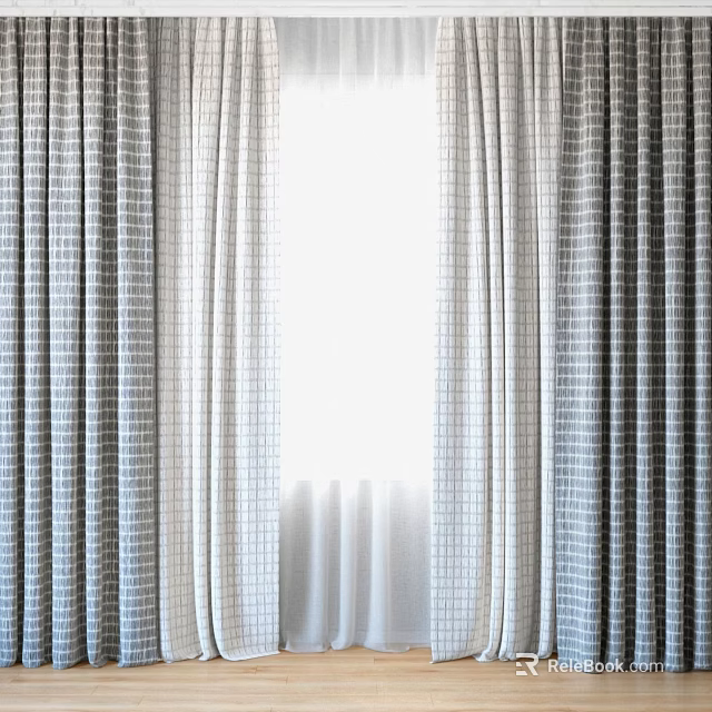 Gray And White Checkered Window Curtains With Light Filtering Fabric Design 3d model 
