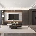 Modern Living and Dining Room With Black Sofa Coffee Tables TV Fireplace and Mountain View