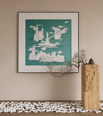 Abstract Painting With Green Background And White City Building Outlines As Wall Decor 3d model