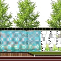 Modern Garden Wall Design With Blue Mosaic And White Square Panels And Green Trees