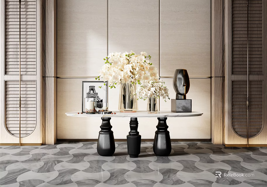 Elegant Modern Console Table Decor With Marble Top White Flowers And Decorative Vases 3d model 