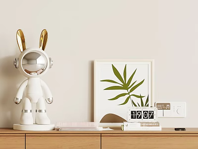 Rabbit Shaped Decor Figurine Framed Green Leaf Art Digital Clock On Wooden Cabinet Decor Set 3d model