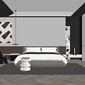 Modern Minimalist Bedroom Interior With Gray Bed Decorative Painting Pendant Light And Area Rug