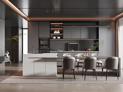 Modern Restaurant Interior Design With Island Counter Dining Table And Dark Cabinets 3d model