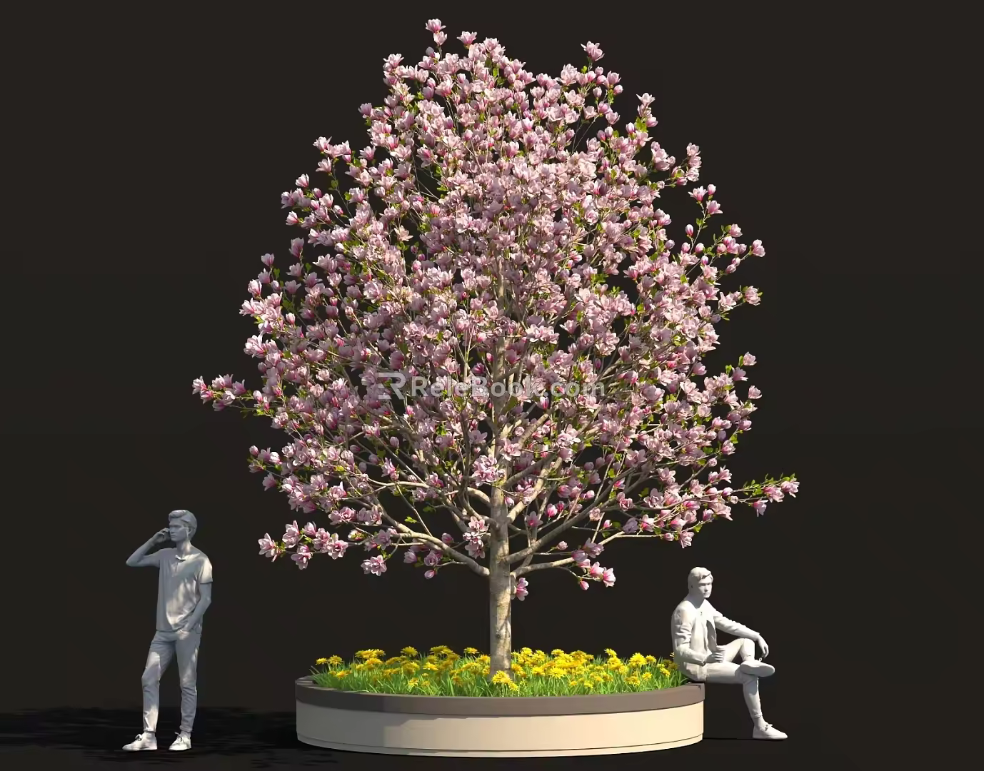 Cartoon style magnolia tree flower bed tree pool street tree garden courtyard sketch 3d model