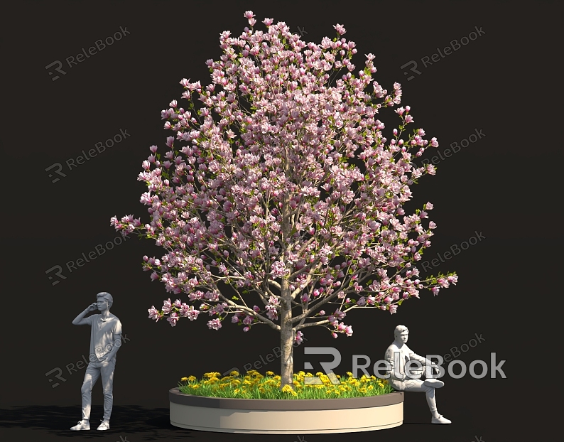 Cartoon style magnolia tree flower bed tree pool street tree garden courtyard sketch model