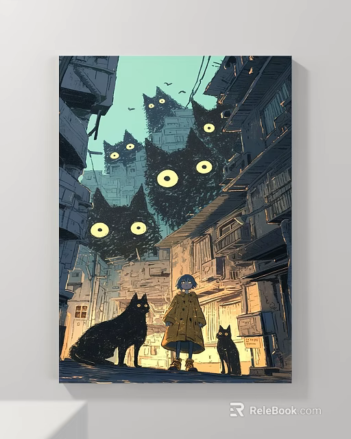 Landscape Painting Featuring Alley with Girl in Yellow Coat Black Cats and Big Eyes Trees 3d model 