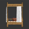 Ornate Golden Carved Double Bed With White Canopy And Colorful Patterned Cushions
