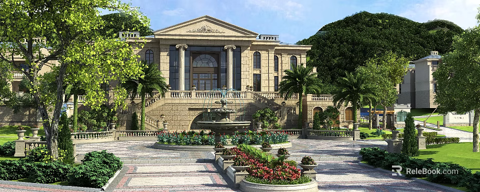 Luxury Classical Detached Villa with Grand Columns Central Fountain and Landscaped Courtyard 3d model 