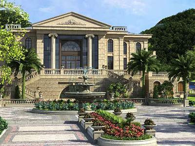 Luxury Classical Detached Villa with Grand Columns Central Fountain and Landscaped Courtyard 3d model