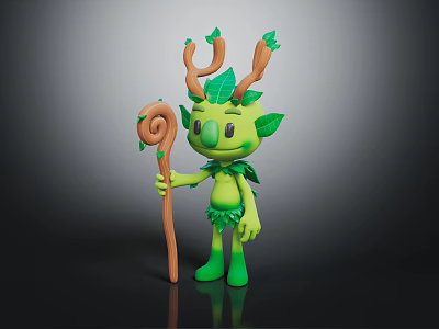 Green Leafy Nature Spirit Character With Wooden Staff And Foliage Details 3d model