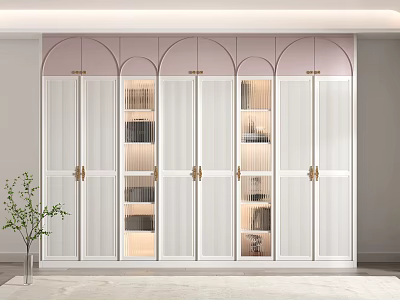 Modern White Wardrobe With Glass Display Sections Brass Handles And Interior Lighting 3d model