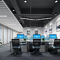 Modern Public Office Space With Multiple Computer Monitors Black Office Chairs And Wall Art 3d model