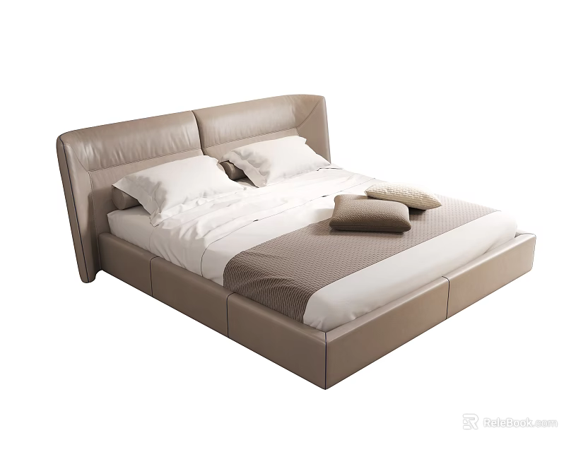 Modern Double Bed Featuring Leather Headboard White Sheets and Decorative Pillows 3d model