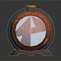 Modern Decorative Wooden Barrel Featuring Orange Surface Blue Hoops And Brown Wooden Frame