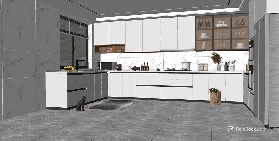 Modern Kitchen Interior Design With White Cabinets Marble Island And Appliances 3d model 