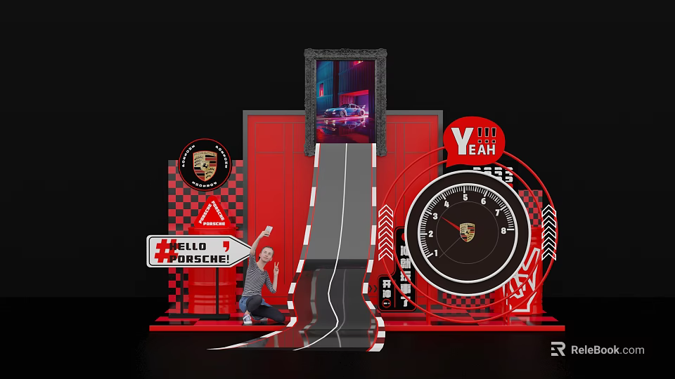 Porsche Themed Red Photo Check in Spot With Large Screen And Race Track Design 3d model 