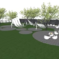 Curved Pergola Design with Circular Paving and Trees in Green Grass Landscape