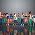 Diverse 3D Character Models With Various Outfits Hairstyles And Body Types Standing In A Row