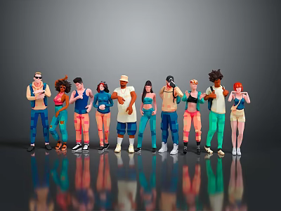 Diverse 3D Character Models With Various Outfits Hairstyles And Body Types Standing In A Row 3d model