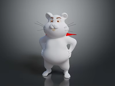 White Cartoon Mouse Character With Whiskers And Red Scarf Standing In Hands On Hips Pose 3d model