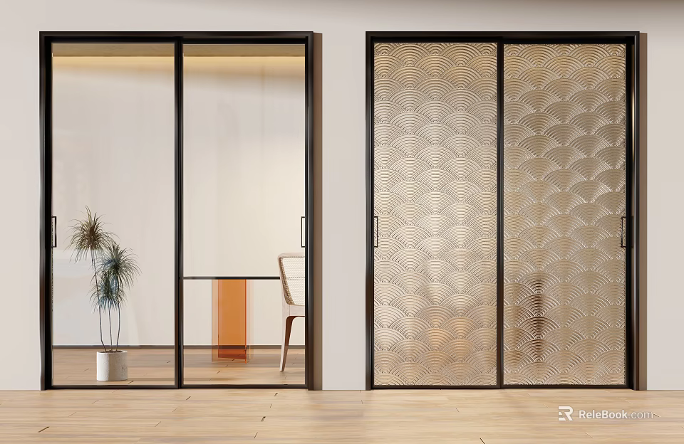 Black Framed Interior Sliding Doors With Clear And Patterned Glass 3d model 