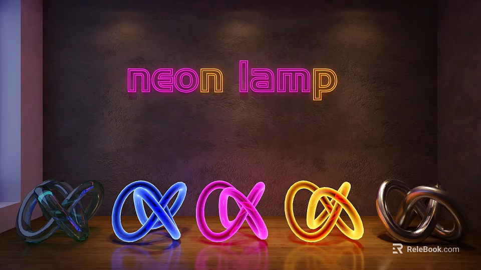 Colorful Decorative Neon Lamps with Loop Design on Wooden Surface and Dark Background 3d model 