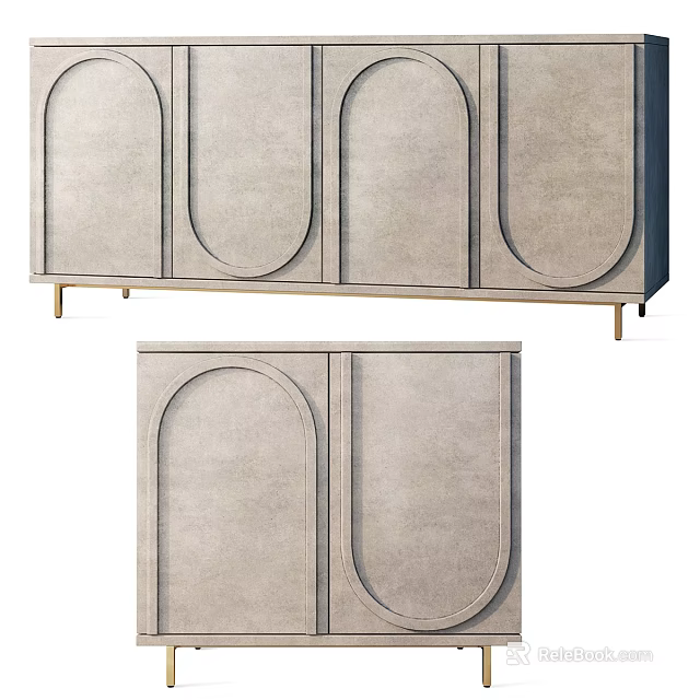 Modern Gray Sideboard With Arched Doors And Gold Metal Legs For Storage 3d model 