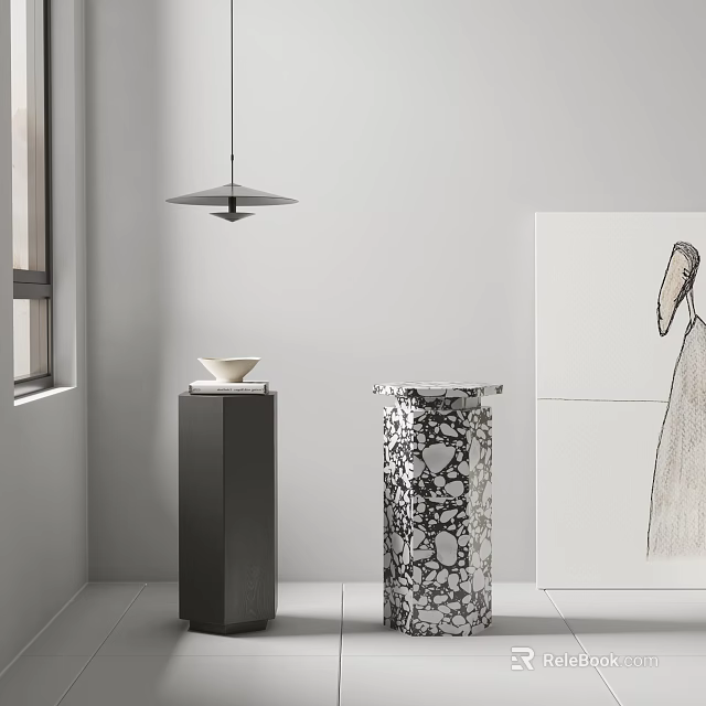 Modern Cylindrical Side Table With Marble Pattern In Minimal Room With Pendant Light Wall Art 3d model
