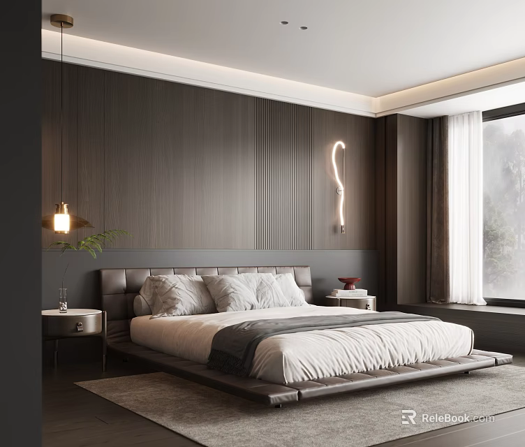 Modern Bedroom Interior with Dark Brown Wooden Wall and Curved Light Strip 3d model 