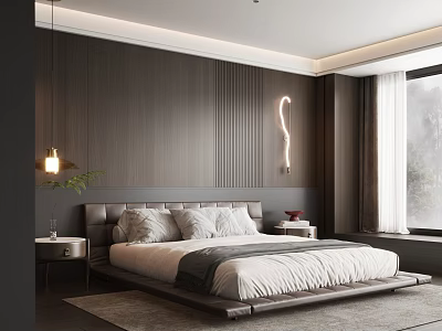 Modern Bedroom Interior with Dark Brown Wooden Wall and Curved Light Strip 3d model