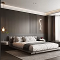 Modern Bedroom Interior with Dark Brown Wooden Wall and Curved Light Strip