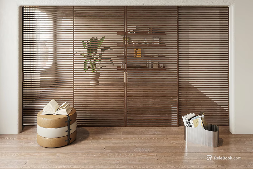 Modern Interior Featuring Wooden Sliding Doors With Louver Design Plant Shelf Stool And Magazine Rack 3d model 