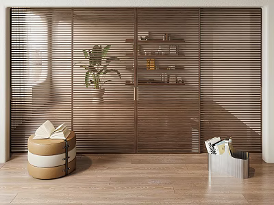 Modern Interior Featuring Wooden Sliding Doors With Louver Design Plant Shelf Stool And Magazine Rack 3d model