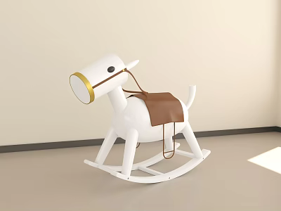 White Building Block Rocking Horse With Brown Saddle Golden Trim In Bright Indoor Scene 3d model