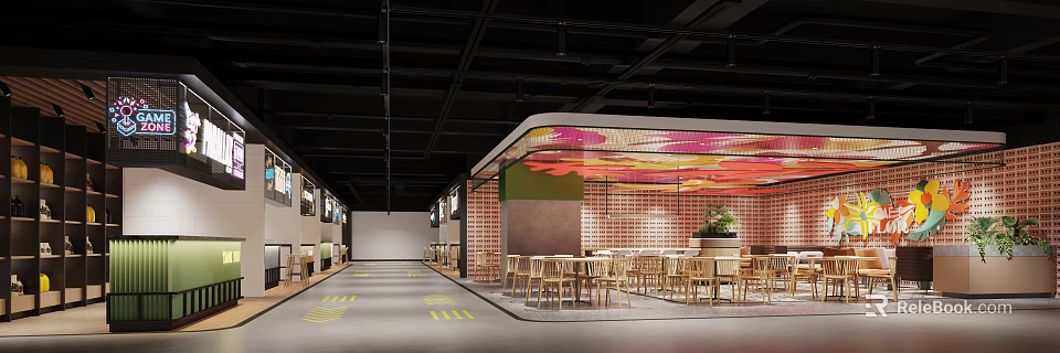Modern Restaurant Interior With Brick Walls Wooden Tables Chairs And Colorful Ceiling Decorations 3d model 