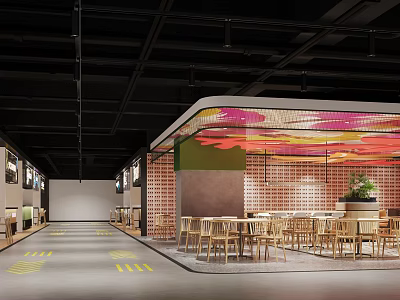 Modern Restaurant Interior With Brick Walls Wooden Tables Chairs And Colorful Ceiling Decorations 3d model