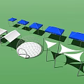 Various Tensile Membrane Structures with Blue and White Canopies and Different Shapes