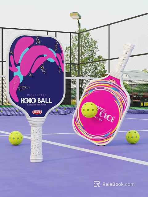 Vibrant Badminton Court With Colorful Paddles Yellow Balls And Net 3d model 